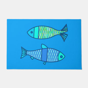 Retro Modern Fish, Turquoise en Cerulean Blue Deurmat