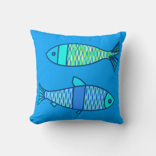 Retro Modern Fish, Turquoise en Cerulean Blue Kussen