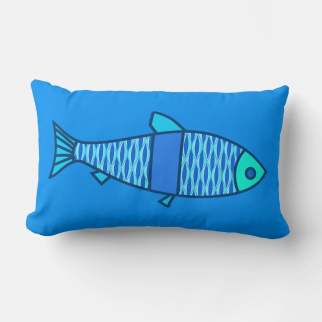 Retro Modern Fish, Turquoise en Cerulean Blue Kussen (Voorkant)