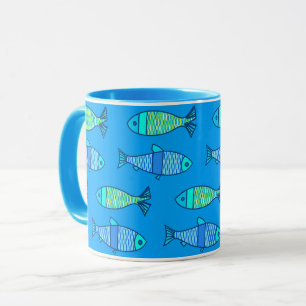 Retro Modern Fish, Turquoise en Cerulean Blue Mok