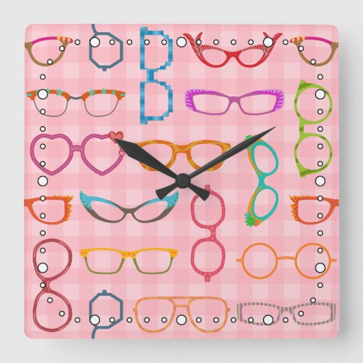 Retro Modern Hipster Eyeglasses roze Gingham Vierkante Klok (Voorkant)