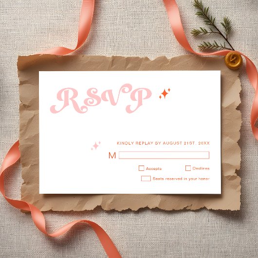 Retro Modern Script Koraal Roze bruiloft RSVP Kaar
