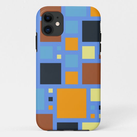 Retro Modern Squares Patroon | Blauw Geel Bruin Case-Mate iPhone Case (Achterkant)