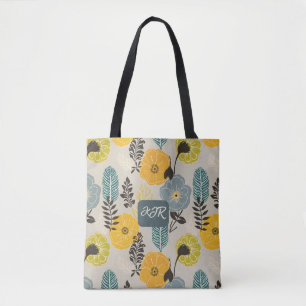 Retro Moderne Bloemen op Grijs Draagtas