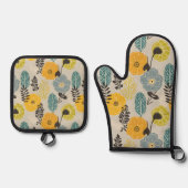 Retro Moderne Bloemen op Grijs Ovenwant & Pannenlap Set (Voorkant)