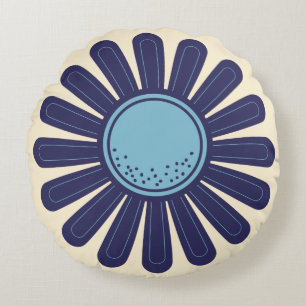 Retro Moderne Geometrische Daisy Bloem Blauw en Cr Rond Kussen