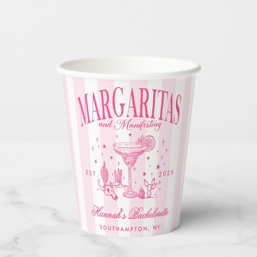 Retro Moderne Margaritas en Huwelijk Gestreepte Ba Papieren Bekers (Achterkant)