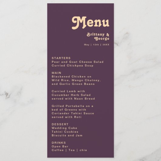 Rétro moderne | Menu Dîner Mariage violet foncé (Devant)
