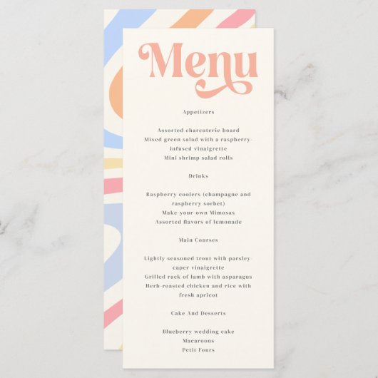 Retro Moderne Minimalistische Pastel Zomer Bruilof Menu (Voorkant / Achterkant)