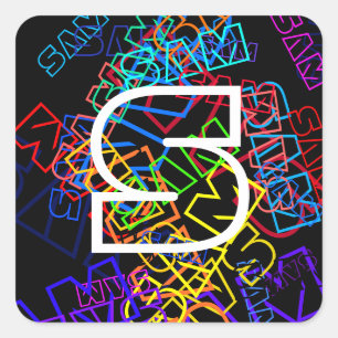 Retro-Moderne Naam & Monogram Heldere Kleuren & Zw Vierkante Sticker