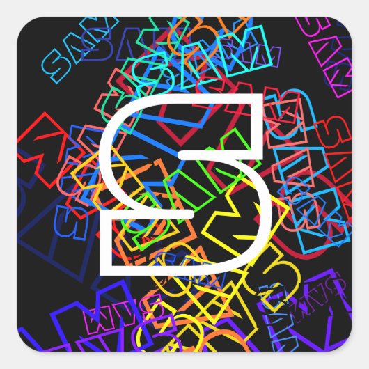 Retro-Moderne Naam & Monogram Heldere Kleuren & Zw Vierkante Sticker (Voorkant)