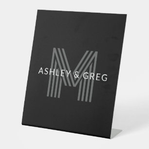 Retro Moderne Naam/Naam Bewerkbaar Monogram Zwart Reclamebord Met Voetstuk