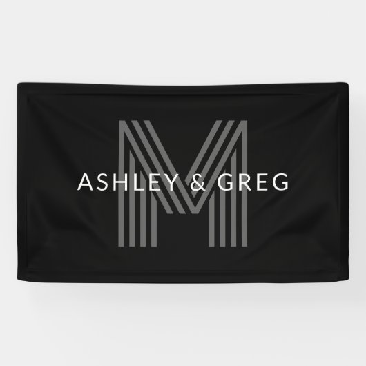 Retro Moderne Naam/Naam Bewerkbaar Monogram Zwart Spandoek (Horizontaal)