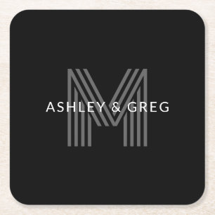 Retro Moderne Naam/Naam Bewerkbaar Monogram Zwart  Vierkante Kartonnen Onderzetter