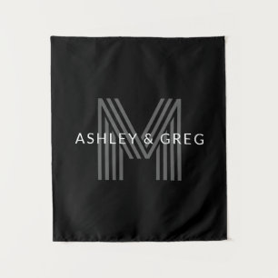 Retro Moderne Naam/Naam Bewerkbaar Monogram Zwart  Wandkleed