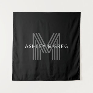 Retro Moderne Naam/Naam Bewerkbaar Monogram Zwart  Wandkleed