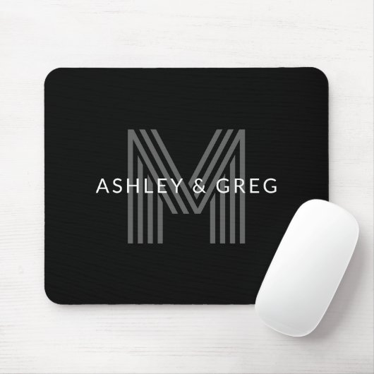 Retro Moderne Naam/s Bewerkbaar Monogram Zwart & G Muismat (Met muis)