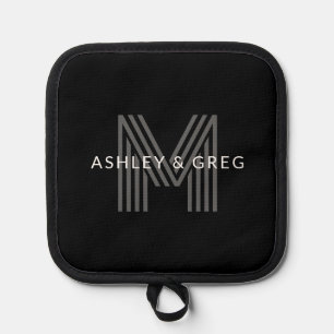 Retro Moderne Naam/s Bewerkbaar Monogram Zwart & G Pannenlap