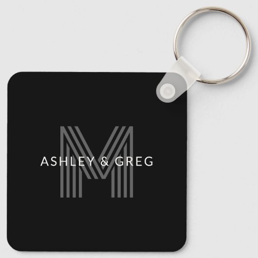 Retro Moderne Naam/s Bewerkbaar Monogram Zwart & G Sleutelhanger (Achterkant)