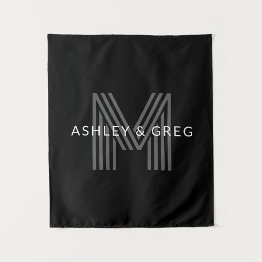 Retro Moderne Naam/s Bewerkbaar Monogram Zwart & G Wandkleed (Voorkant)