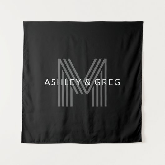 Retro Moderne Naam/s Bewerkbaar Monogram Zwart & G Wandkleed (Voorkant)