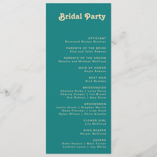 Rétro moderne | Programme Turquoise de mariage cré (Dos)