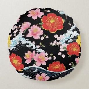 Retro Moderne Seigaiha Sakura Bloemen Japan feest Rond Kussen