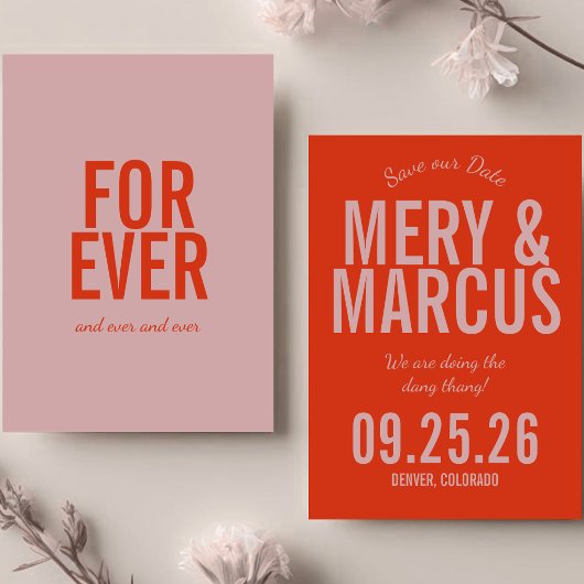 Retro Moderne Vet Rode & Roze Script Bruiloft Save The Date