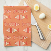 Retro Moderne vis, licht koraal Oranje en tangerin Theedoek (Quarter Fold)