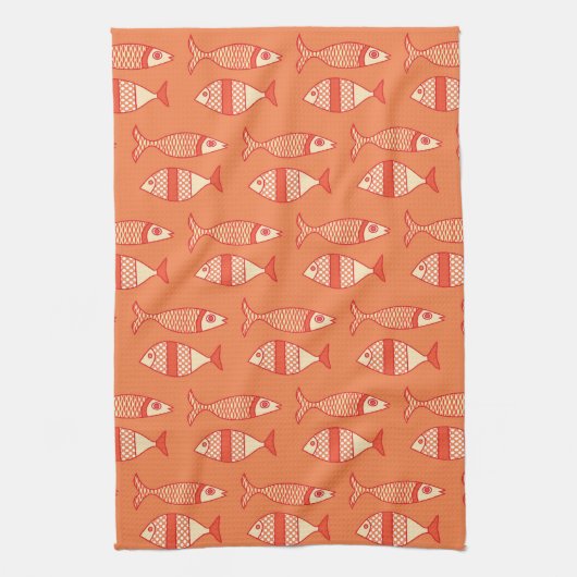 Retro Moderne vis, licht koraal Oranje en tangerin Theedoek (Verticaal)