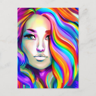 Retro Moderne Vrouw met Regenbooghaar Briefkaart