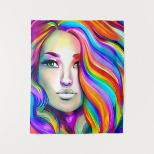 Retro Moderne Vrouw met Regenbooghaar Wandkleed