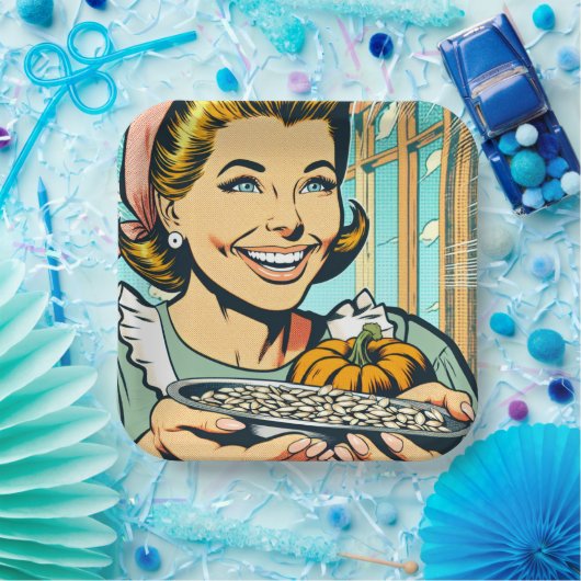 Retro moeder met Bord van Halloween pompoenpitten (Feest)