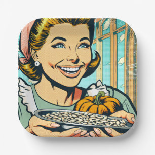 Retro moeder met Bord van Halloween pompoenpitten