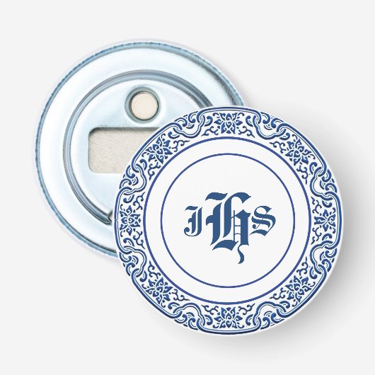 retro monogram blauw wit button flesopener (Voorkant)