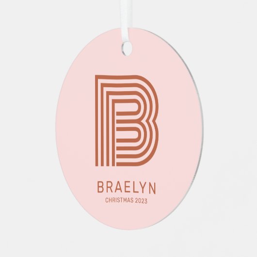 Retro Monogram en Roze Terracotta Kerstmis Metalen Ornament (Voorkant links)