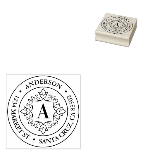 Retro Monogram Lijst Ronde Retouradres Rubberstempel (Gestempeld)