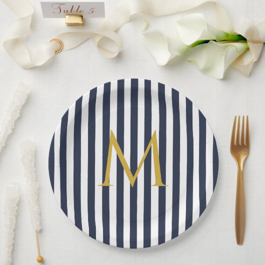 Retro Monogram Navy Blue & White Stripes Striped Papieren Bordje (Huwelijk)