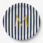 Retro Monogram Navy Blue & White Stripes Striped Papieren Bordje (Voorkant)