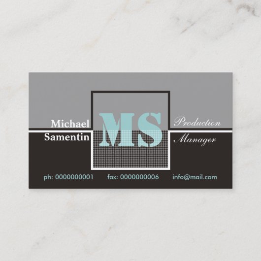 Retro Monogram zwart grijs blauw visitekaartjes (Voorkant)
