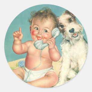 Retro Mooie Baby Praat Op De Telefoon Puppy Hond Ronde Sticker