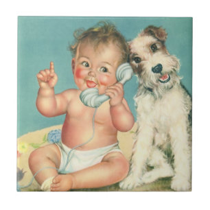 Retro Mooie Baby Praat Op De Telefoon Puppy Hond Tegeltje