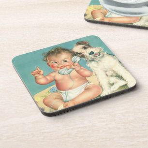 Retro Mooie Baby Praat Op Telefoon Puppy Hond Onderzetter