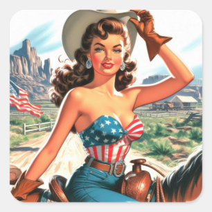 Retro Mooie Cowgirl Pin Up Vierkante Sticker