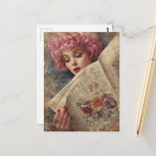 Retro Mooie Roze Haren Dame Leest Papier Briefkaart