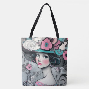 Retro Mooie Vrouw Roze en Blauwgroen Draagtas
