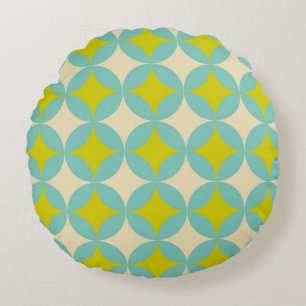 Retro Mosterd en Teal Geometrisch Cirkelpatroon Rond Kussen