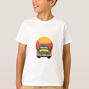 Retro Mosterd Gele Taxi op Vuurrode Zon Kunstprint T-shirt