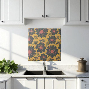 Retro  Mosterd Zwart Rood Bloemen Tegeltje