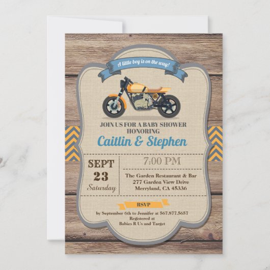 Retro motorfiets baby shower uitnodiging Gele fiet (Voorkant)
